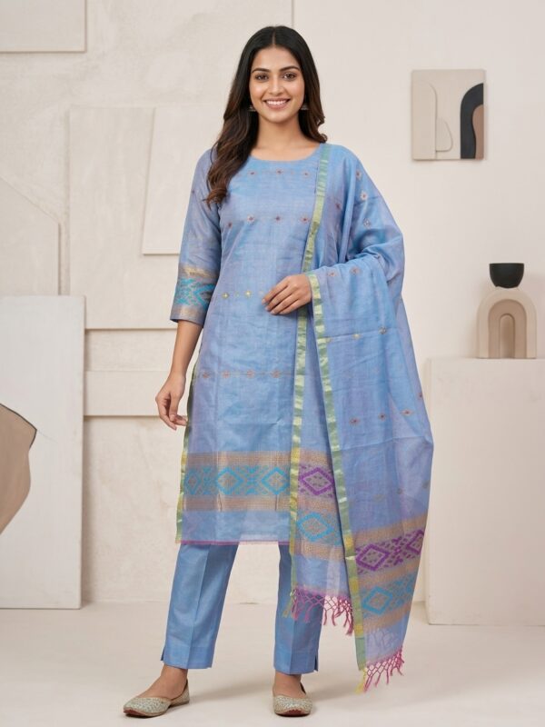 Light Blue Mercerized Cotton Tissue Unstitched Salwar Suit Set