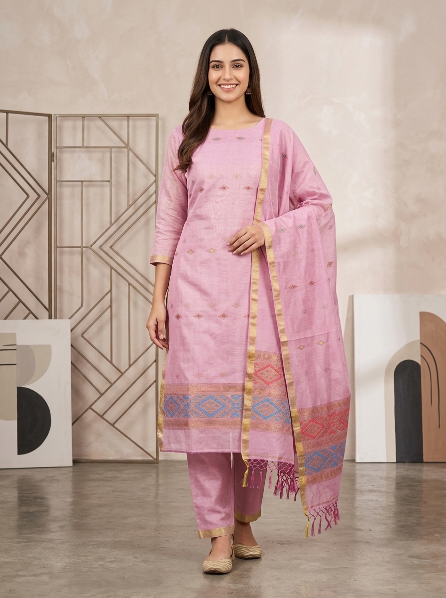 Light Pink Mercerized Cotton Tissue Unstitched Salwar Suit Set