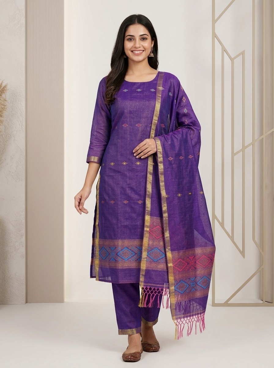 Purple Mercerized Cotton Tissue Unstitched Salwar Suit Set