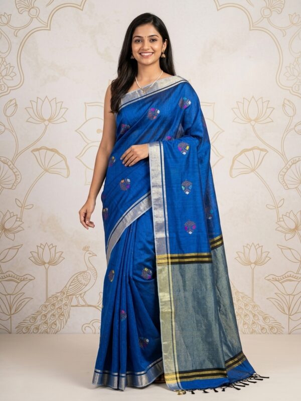 Blue Katan Silk Jamdani Saree with Blouse Piece