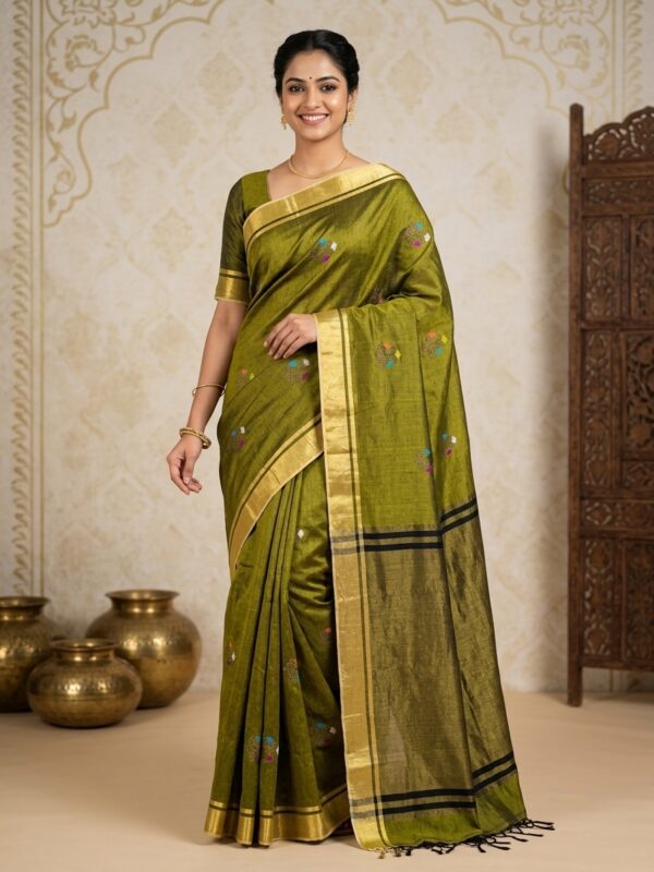 Greenish Yellow Katan Silk Jamdani Saree with Blouse Piece