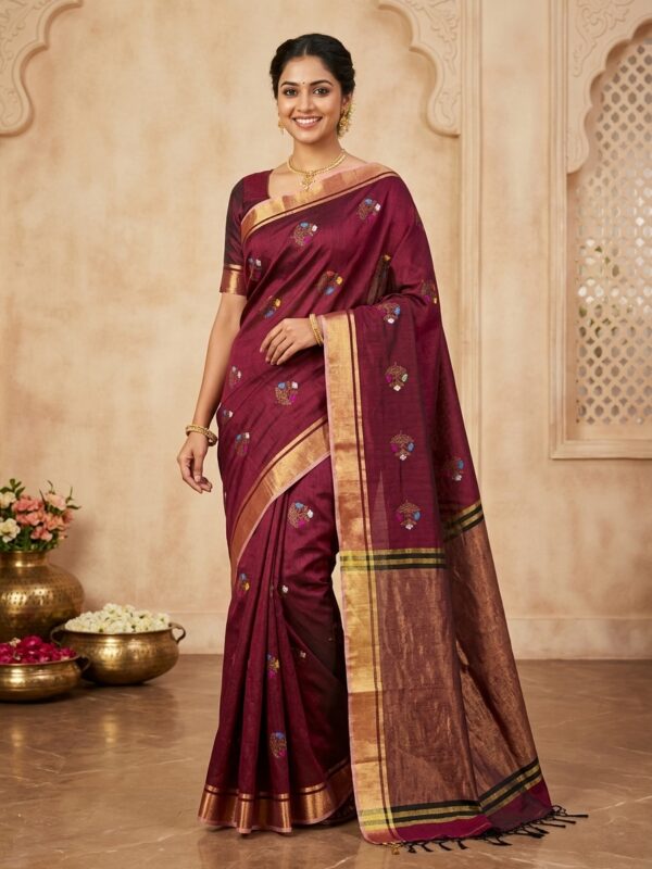Maroon Katan Silk Jamdani Saree with Blouse Piece