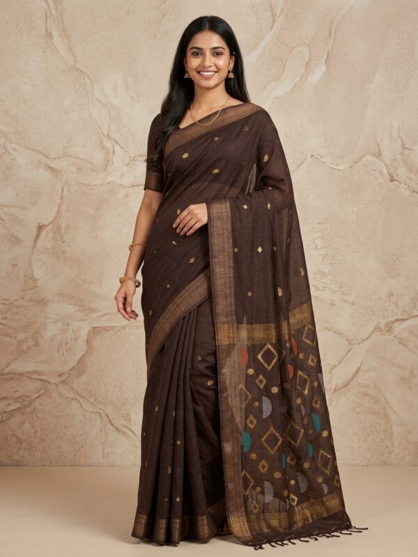 Brown Geomatric Organic Linen Jamdani Saree