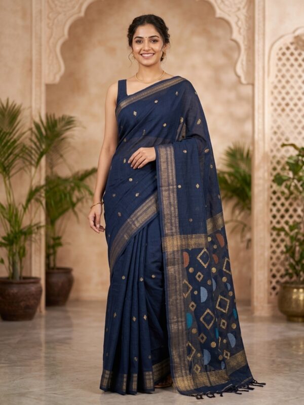 Bluish Black Geomatric Organic Linen Jamdani Saree