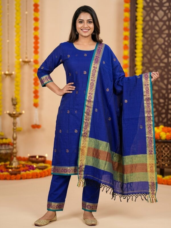 Navy Blue Mercerized Cotton Unstitched Salwar Suit Set