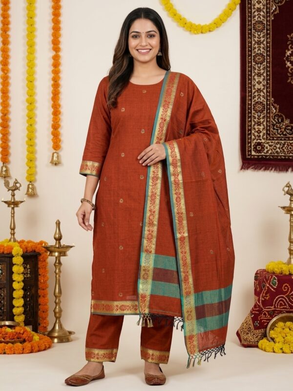 Rust Mercerized Cotton Unstitched Salwar Suit Set
