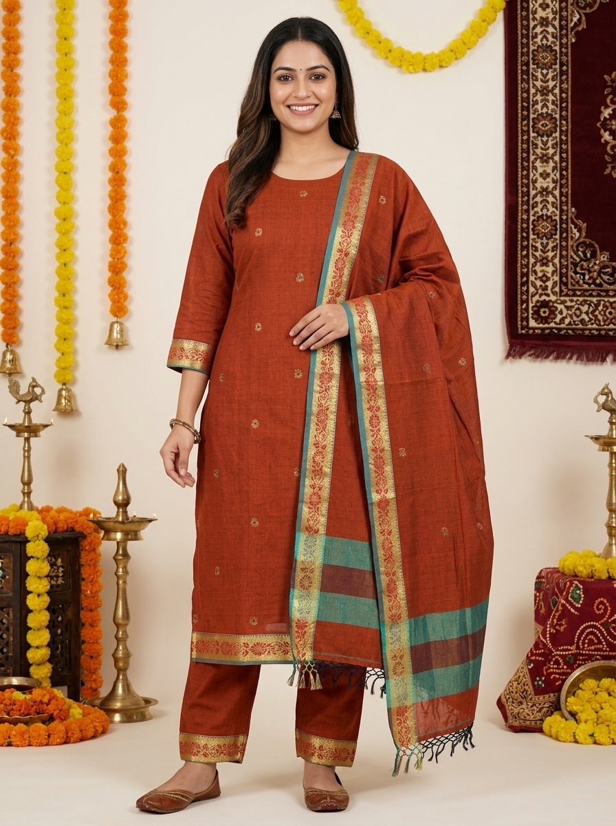 Rust Mercerized Cotton Unstitched Salwar Suit Set