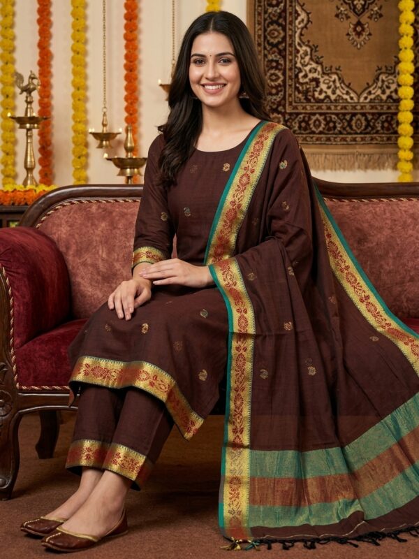 Brown Mercerized Cotton Unstitched Salwar Suit Set