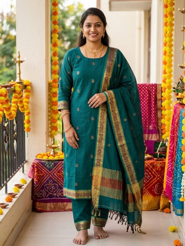 Rama Green Mercerized Cotton Unstitched Salwar Suit Set