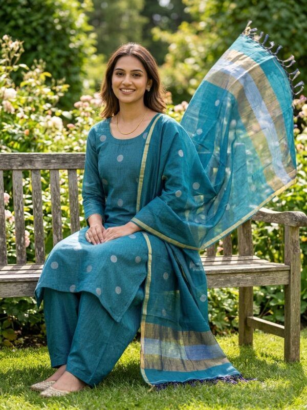 Light Firozi Zari Stripe Mercerized Cotton Unstitched Salwar Suit Set