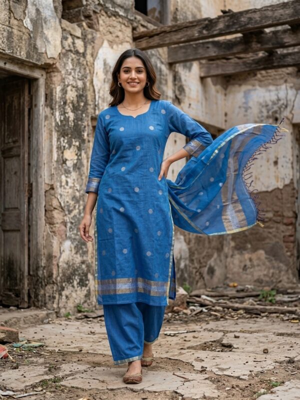 Light Blue Zari Stripe Mercerized Cotton Unstitched Salwar Suit Set