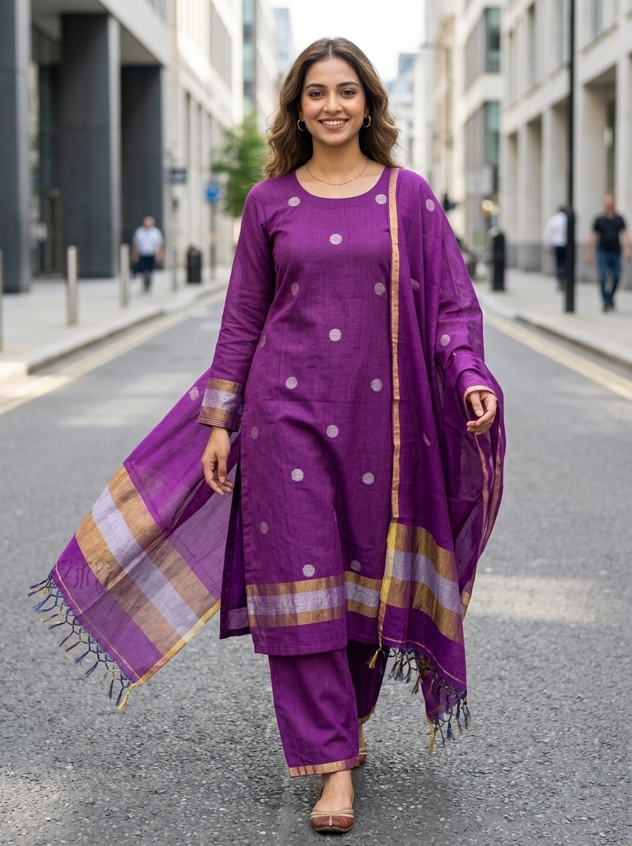 Magenta Zari Stripe Mercerized Cotton Unstitched Salwar Suit Set