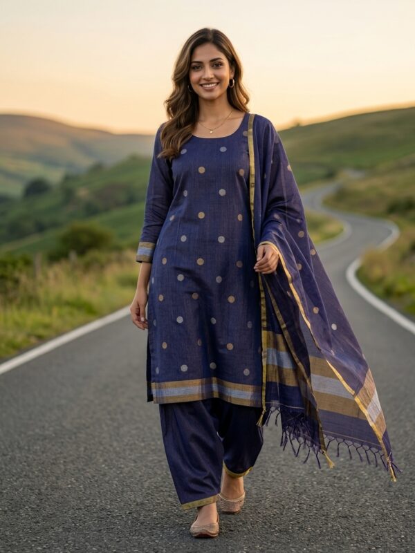 Dark Blue Zari Stripe Mercerized Cotton Unstitched Salwar Suit Set
