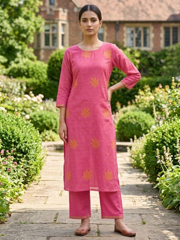 Dark Pink Gold Khadi Jamdani Coord Suit Set