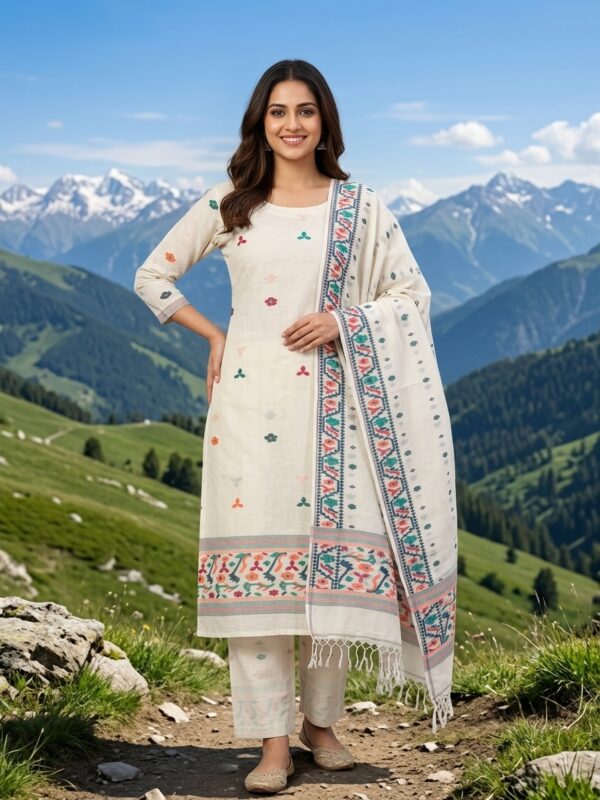Off-White Pure Khadi Cotton Unstitched Jamdani Salwar Suit Set
