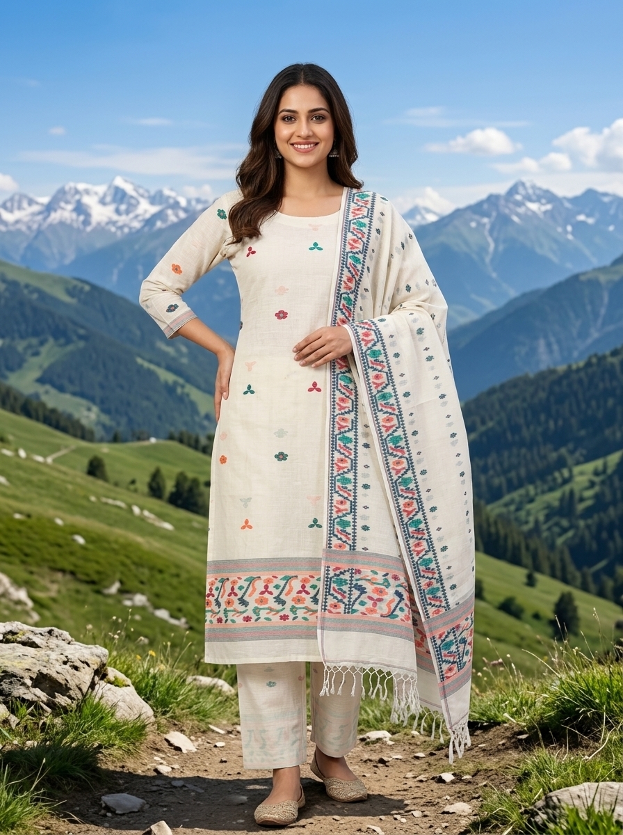 Off-White Pure Khadi Cotton Unstitched Jamdani Salwar Suit Set