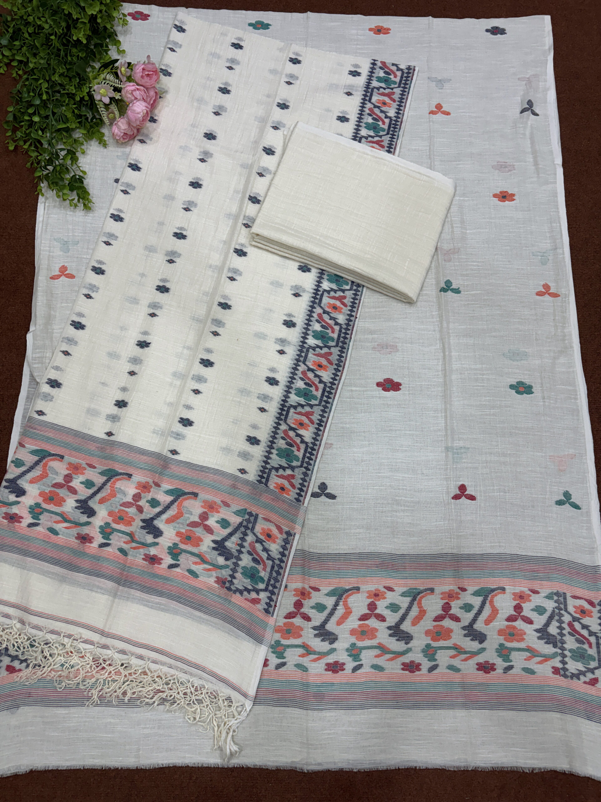Off-White Pure Khadi Cotton Unstitched Jamdani Salwar Suit Set - Image 2