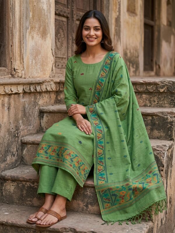 Camo Green Pure Khadi Cotton Unstitched Jamdani Salwar Suit Set