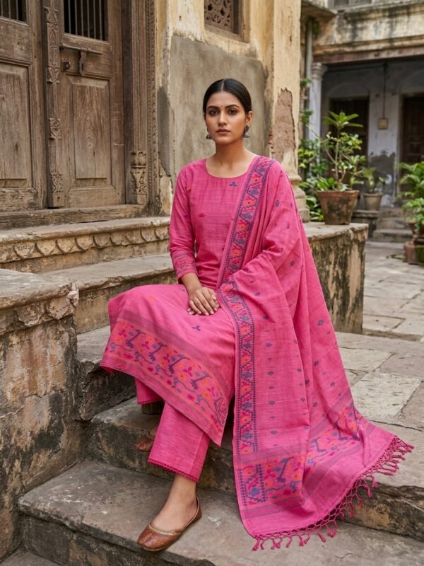 Deep Rose Pure Khadi Cotton Unstitched Jamdani Salwar Suit Set