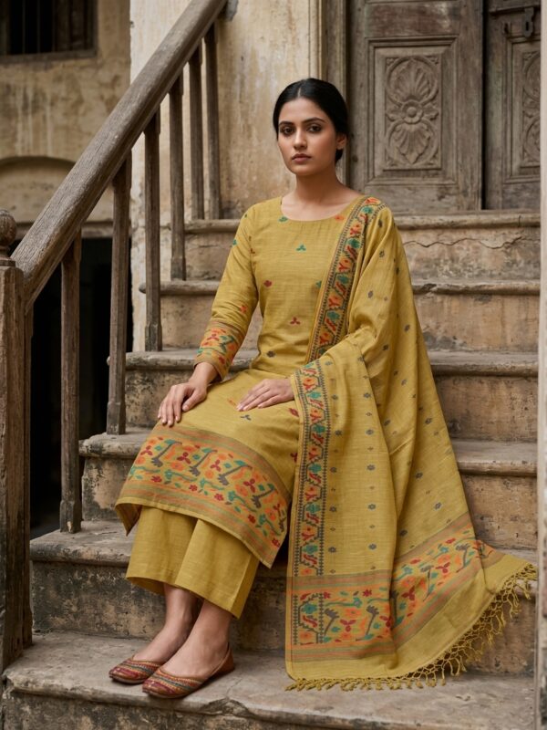 Sand Brown Pure Khadi Cotton Unstitched Jamdani Salwar Suit Set
