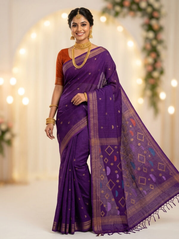 Purple Geomatric Organic Linen Jamdani Saree