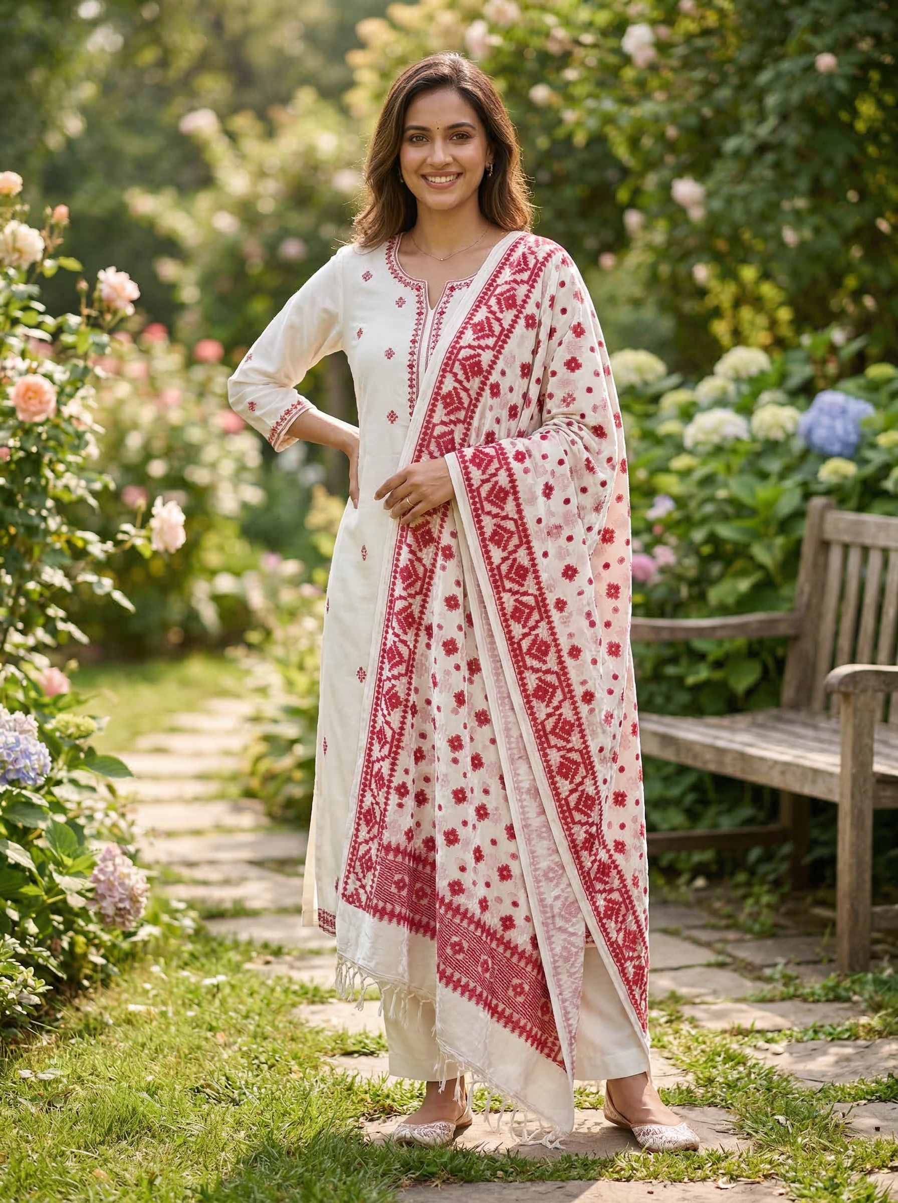 Maroon Work Premuium Mulmul Cotton Dhakai Jamdani Dupatta