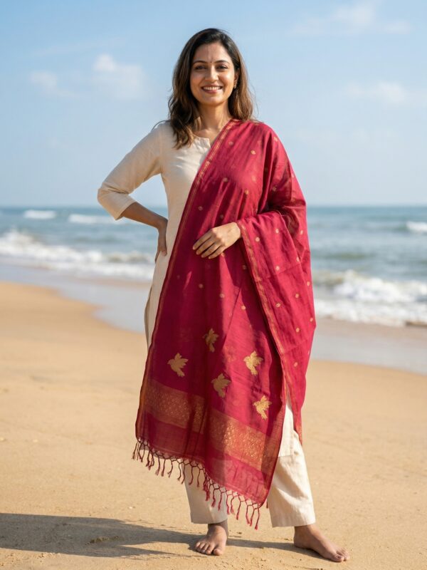 Maroon with Antique Zari Premuium Mulmul Cotton Bird Jamdani Dupatta