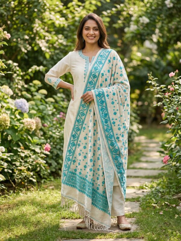 Light Firozi Work Premuium Mulmul Cotton Dhakai Jamdani Dupatta