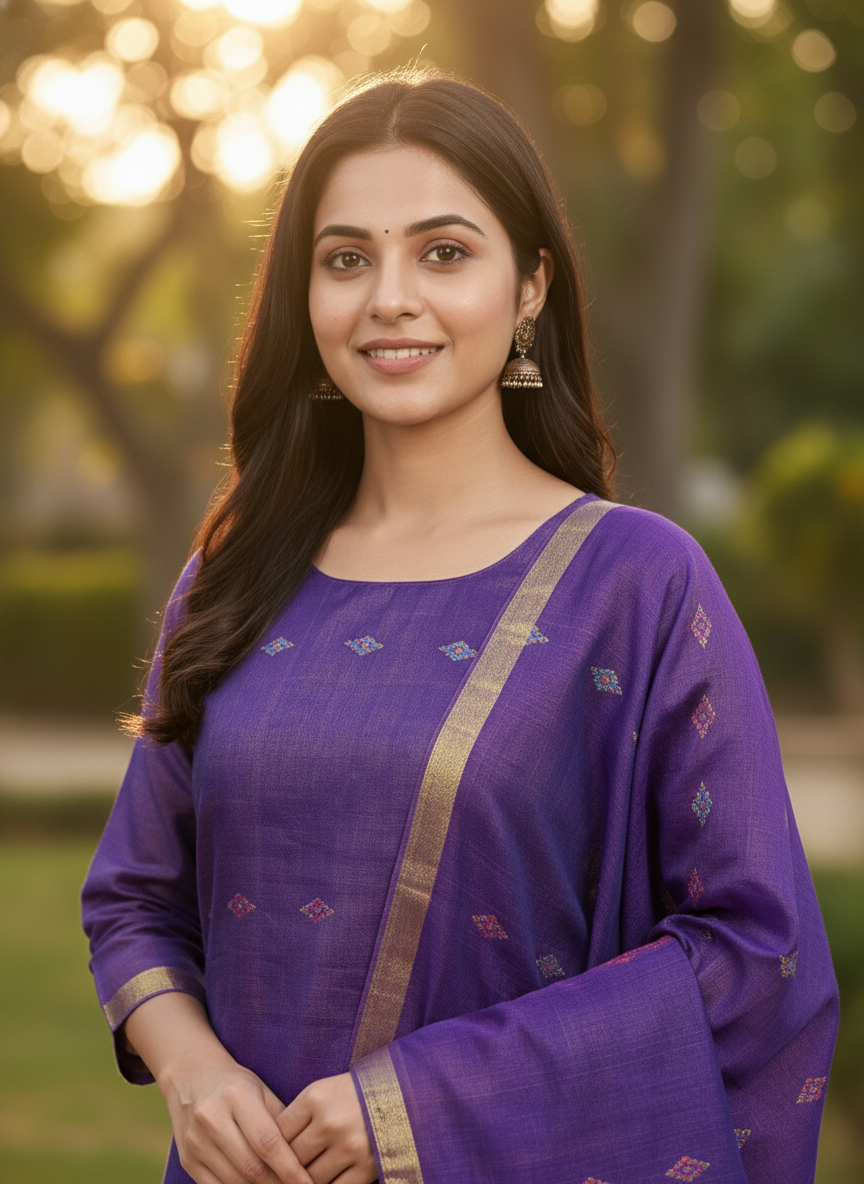 Purple Mercerized Cotton Tissue Unstitched Salwar Suit Set - Image 4