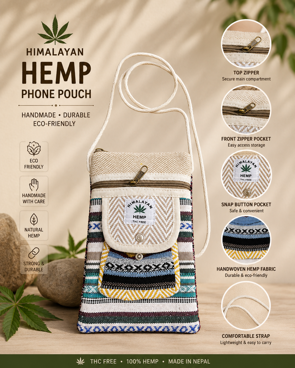 Pure Hemp Crossbody Bag, Mobile Pouch, Small Sling Bag with Zipper Pockets and Rope Strap - Image 2