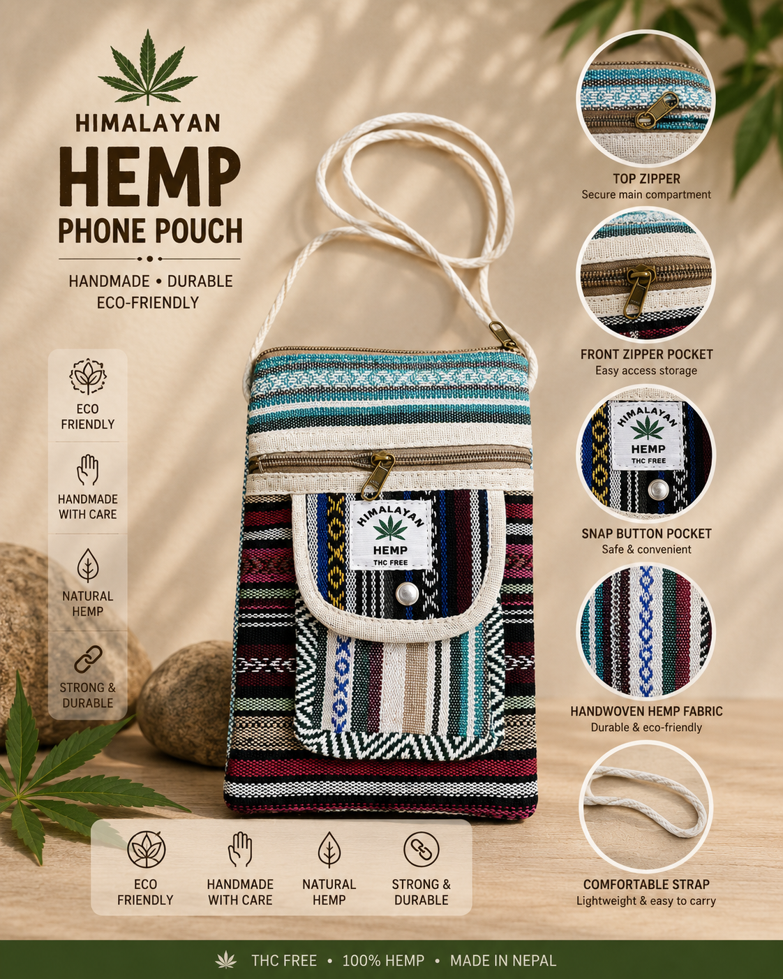 Pure Hemp Crossbody Bag, Mobile Pouch, Small Sling Bag with Zipper Pockets and Rope Strap - Image 2