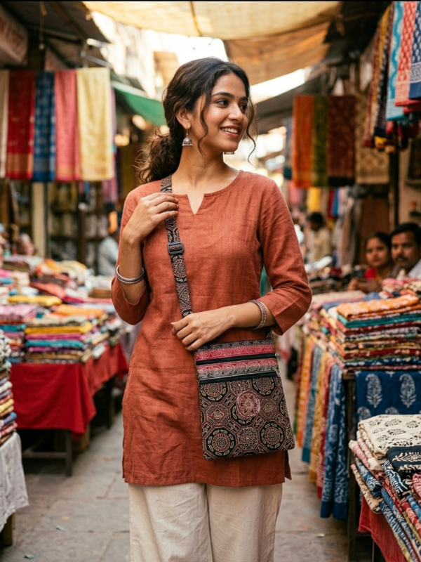 Cotton Kalamkari Printed Crossbody Sling Bag for Women and Girls multicolour