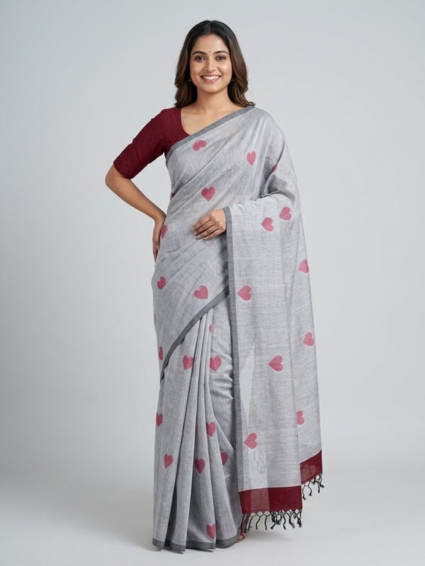 Gray Handloom Mulmul Cotton Heart Jamdani Saree