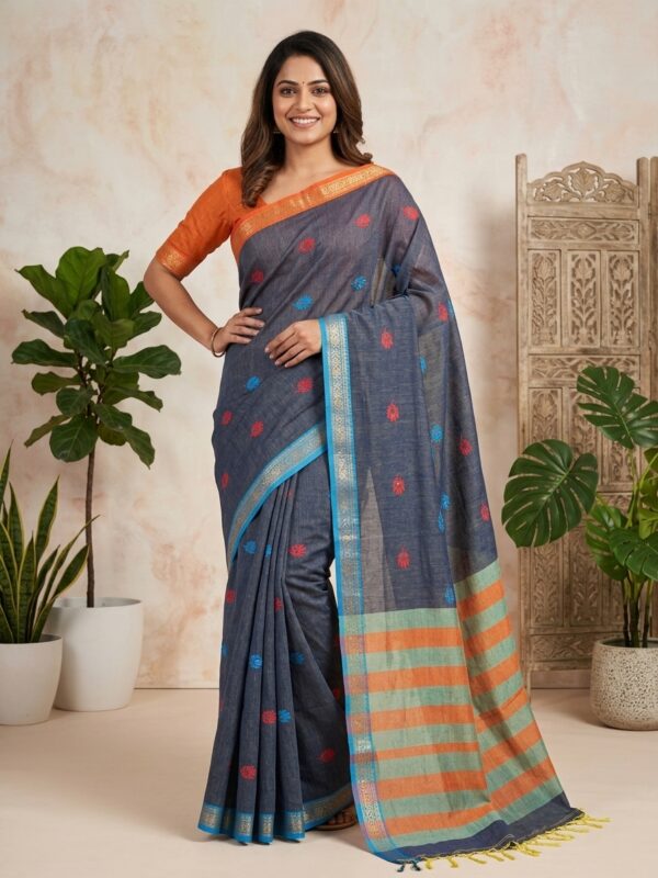 Deep Gray Handloom Premium Soft Cotton Silk Party Wear Jamdani Saree with Blouse Piece