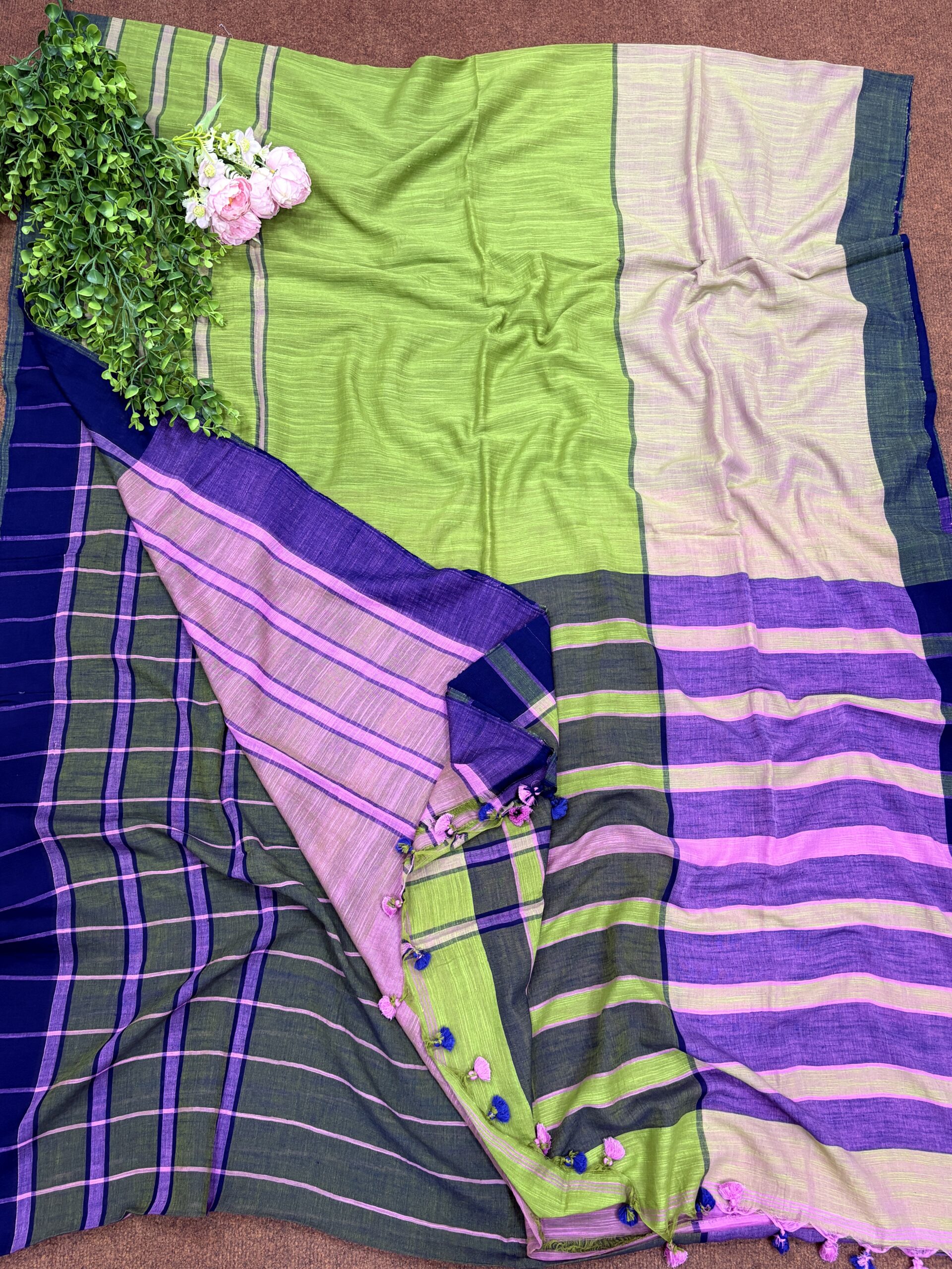 Multicolor Handloom Slab Khadi Checks Saree with Blouse Piece