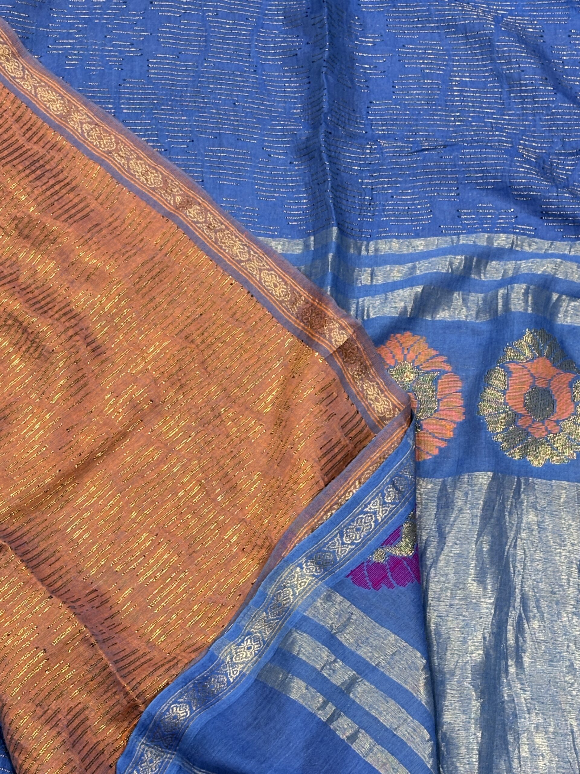 Blue Katan Silk Soft Jamdani Saree with Blouse Piece - Image 2