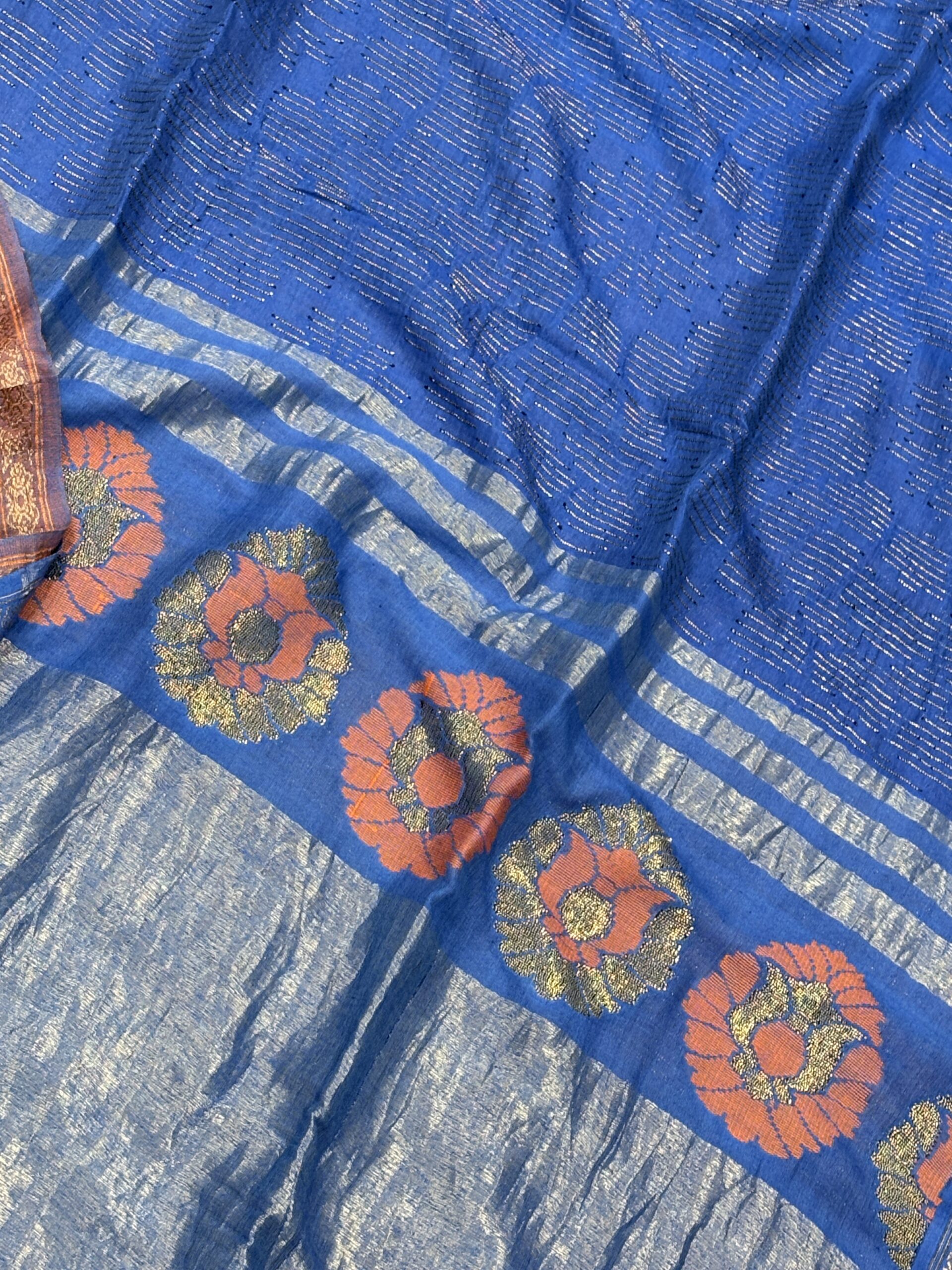 Blue Katan Silk Soft Jamdani Saree with Blouse Piece - Image 3