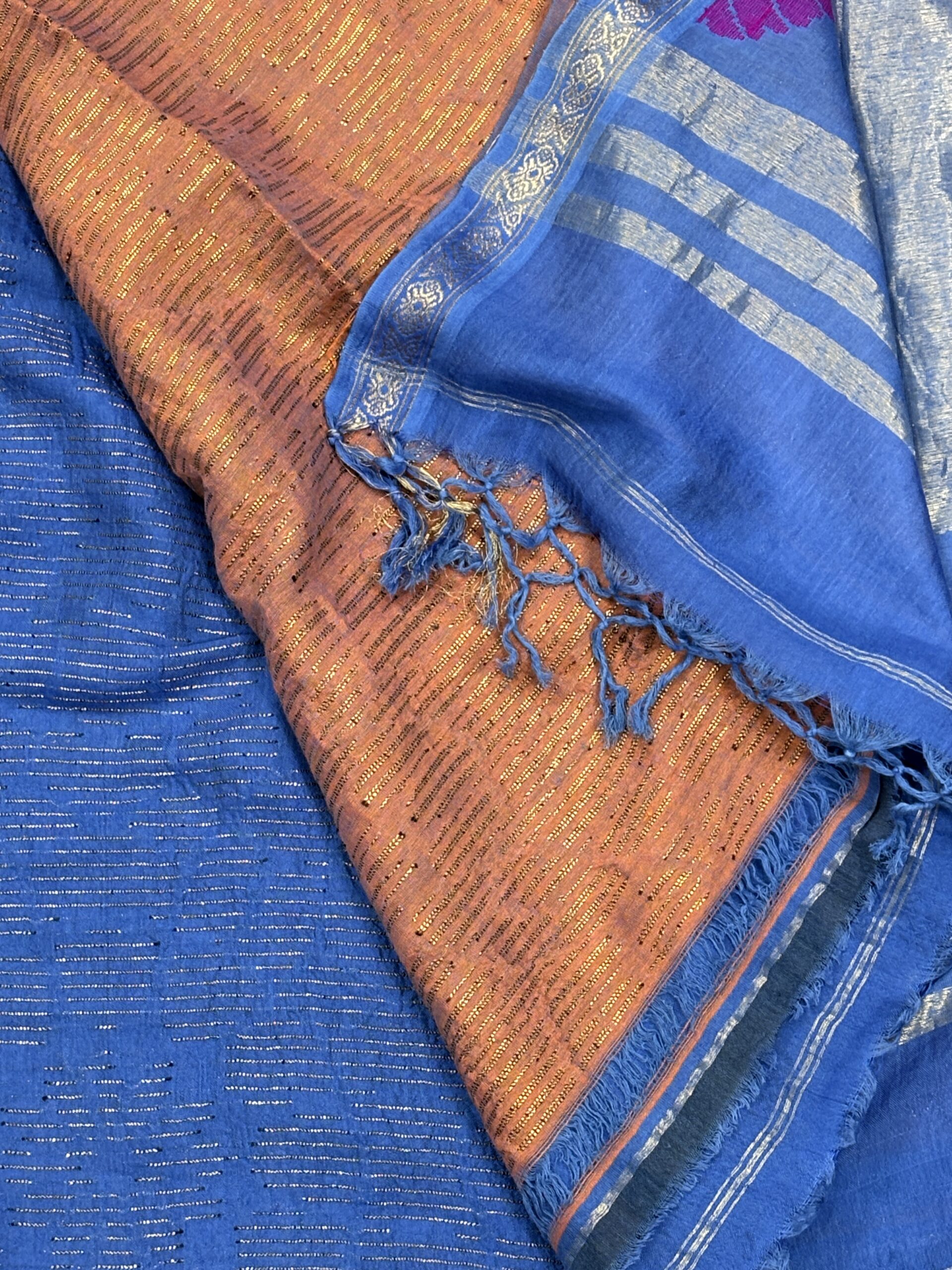 Blue Katan Silk Soft Jamdani Saree with Blouse Piece - Image 4