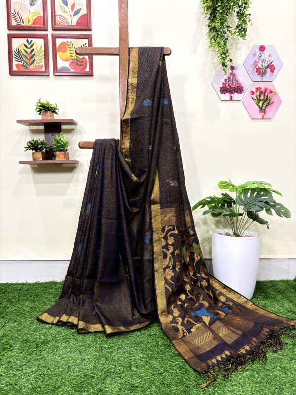 Bluish Black Floral Mina Buta Tissue Organic Linen Jamdani Saree with Blouse Piece