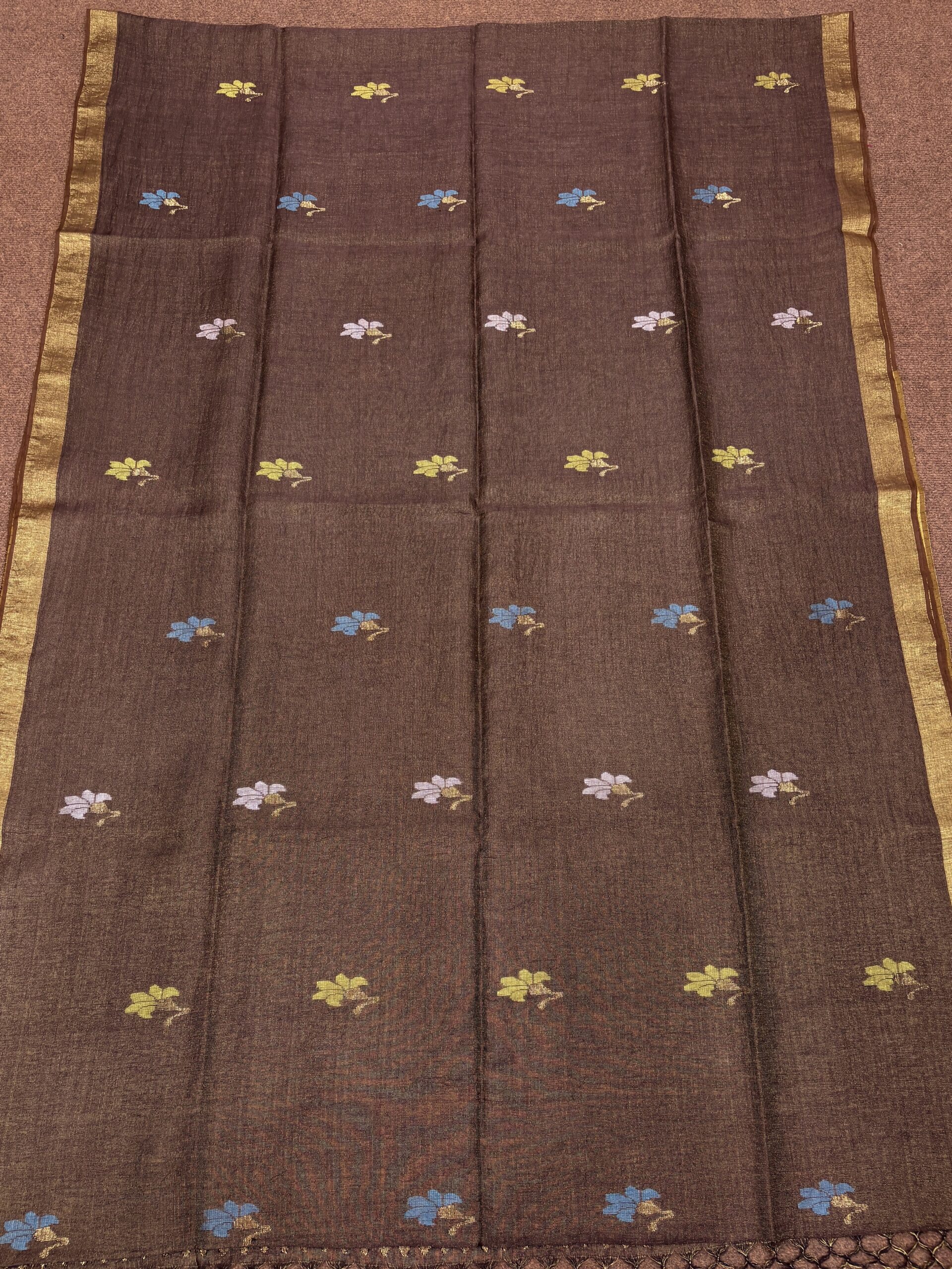 Brown Floral Mina Buta Tissue Organic Linen Jamdani Saree with Blouse Piece - Image 8