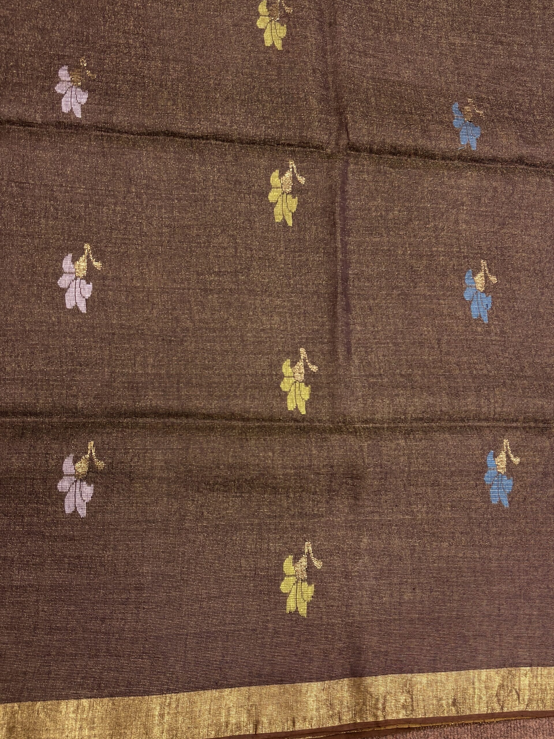 Brown Floral Mina Buta Tissue Organic Linen Jamdani Saree with Blouse Piece - Image 7