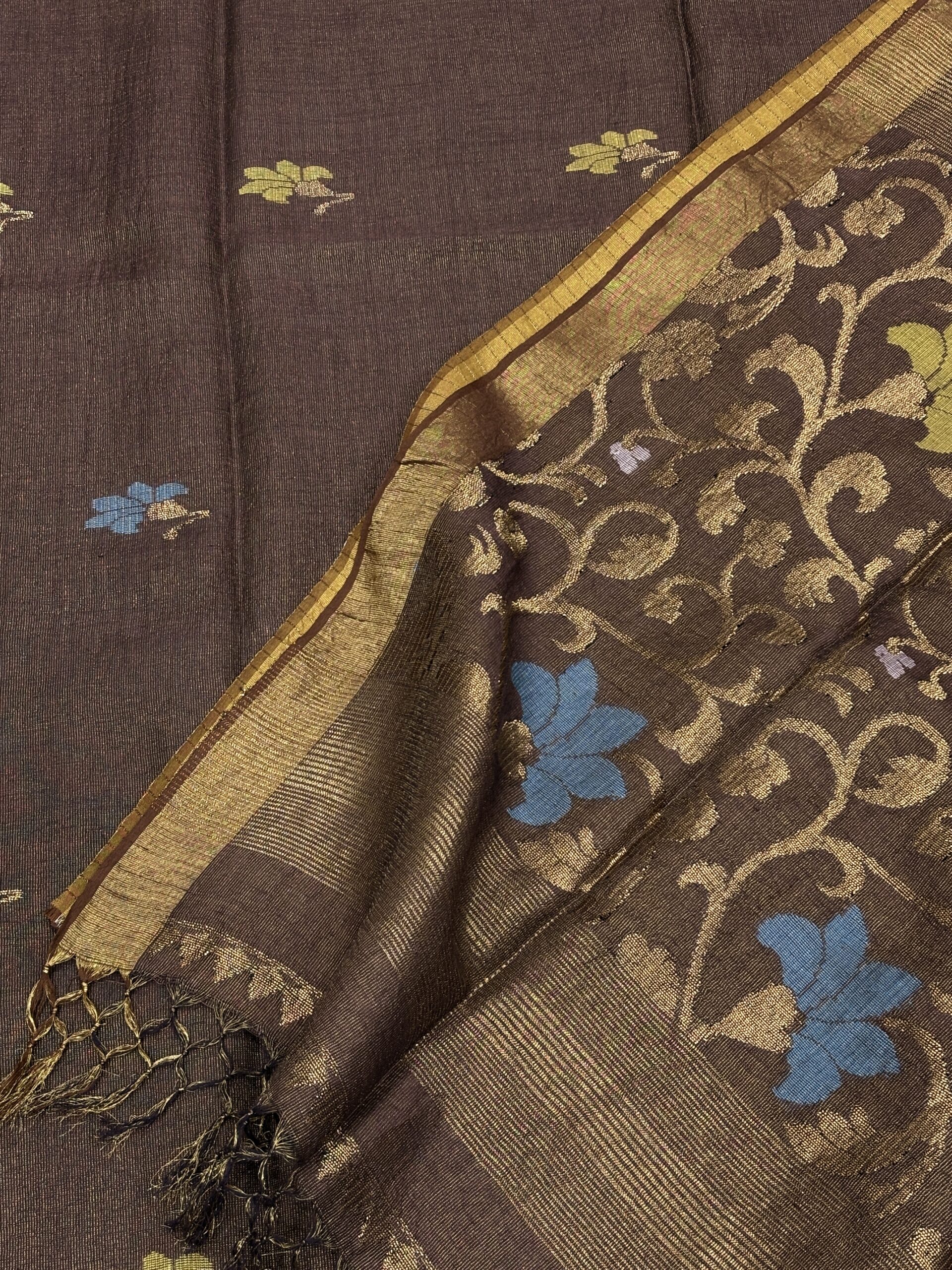 Brown Floral Mina Buta Tissue Organic Linen Jamdani Saree with Blouse Piece - Image 6