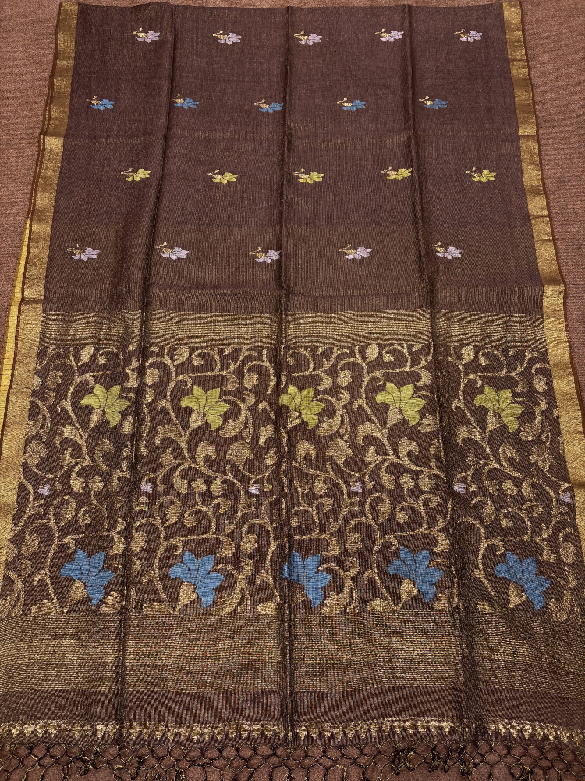 Brown Floral Mina Buta Tissue Organic Linen Jamdani Saree with Blouse Piece - Image 4