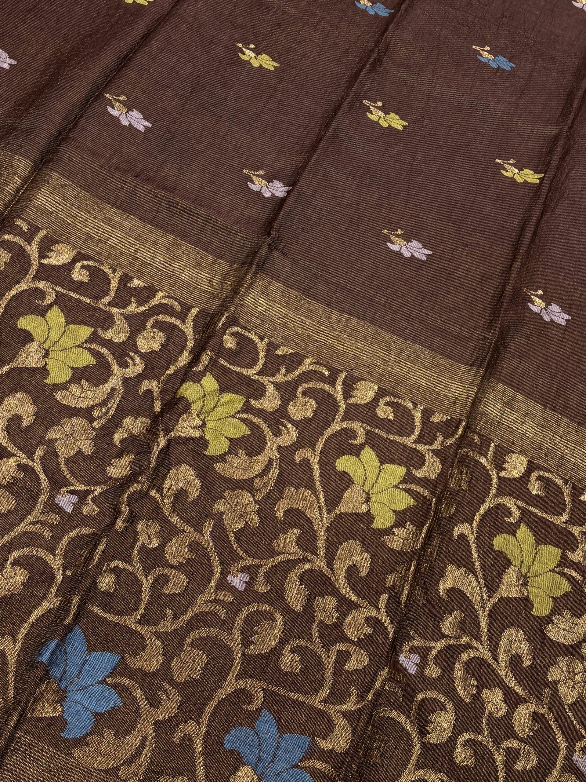 Brown Floral Mina Buta Tissue Organic Linen Jamdani Saree with Blouse Piece - Image 3