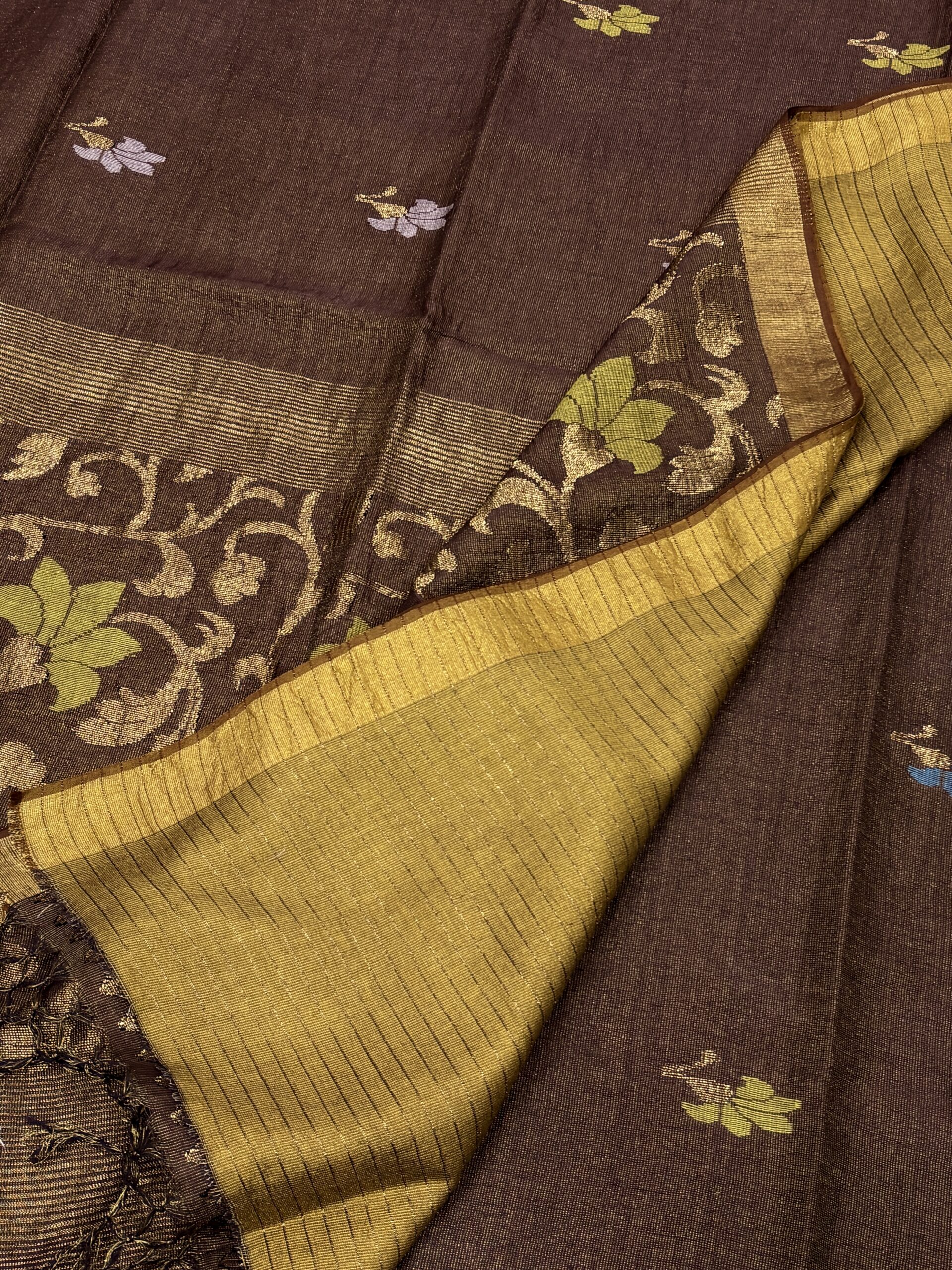 Brown Floral Mina Buta Tissue Organic Linen Jamdani Saree with Blouse Piece - Image 2