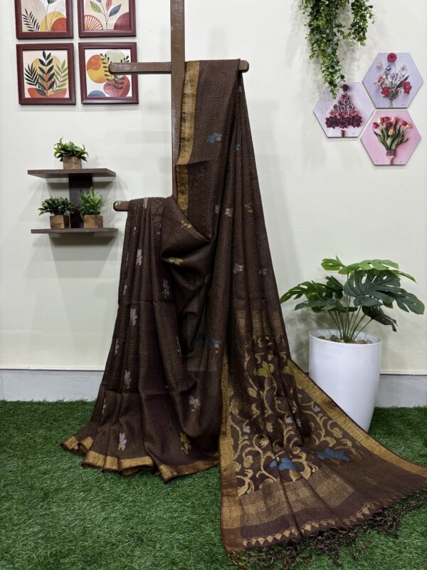 Brown Floral Mina Buta Tissue Organic Linen Jamdani Saree with Blouse Piece