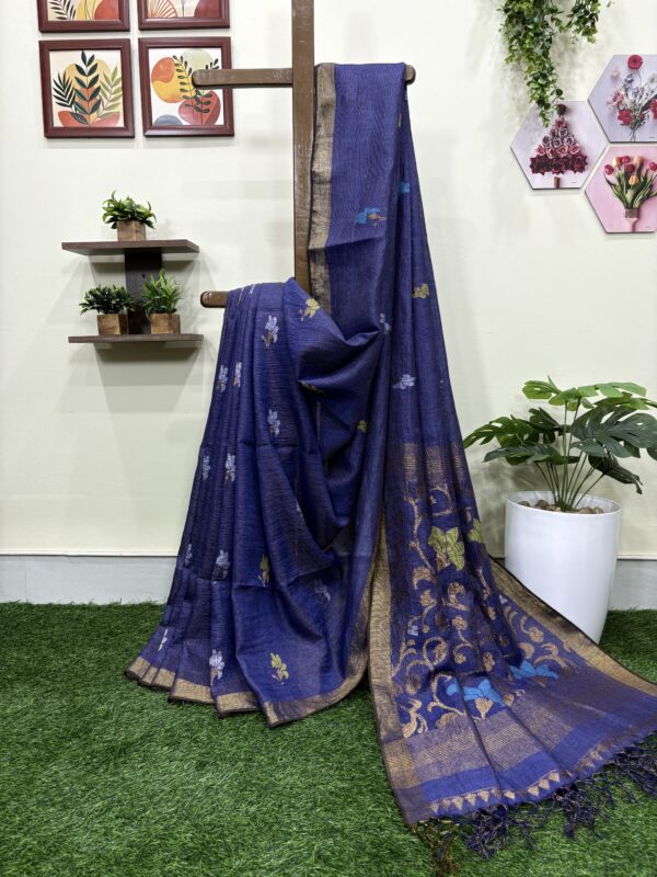 Blue Floral Mina Buta Tissue Organic Linen Jamdani Saree with Blouse Piece