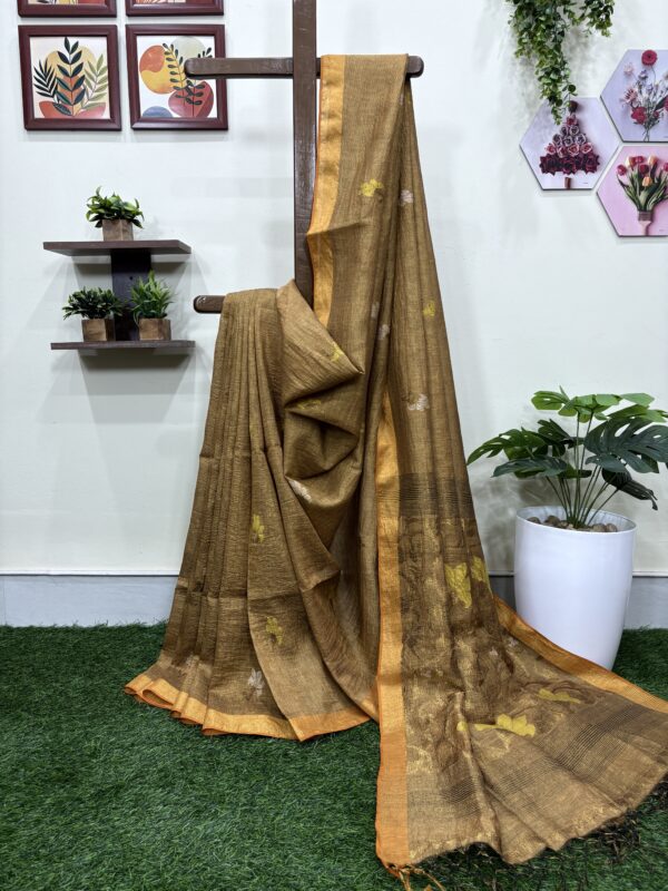 Golden Floral Mina Buta Tissue Organic Linen Jamdani Saree with Blouse Piece