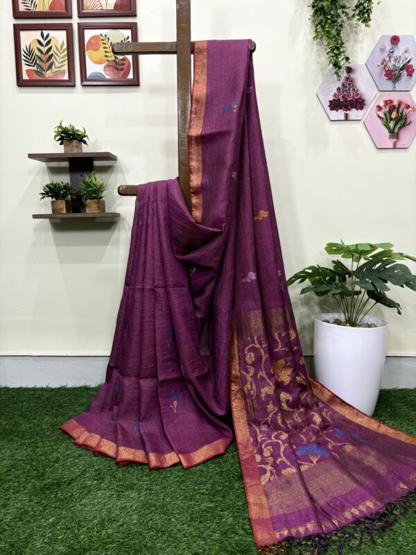 Magenta Floral Mina Buta Tissue Organic Linen Jamdani Saree with Blouse Piece