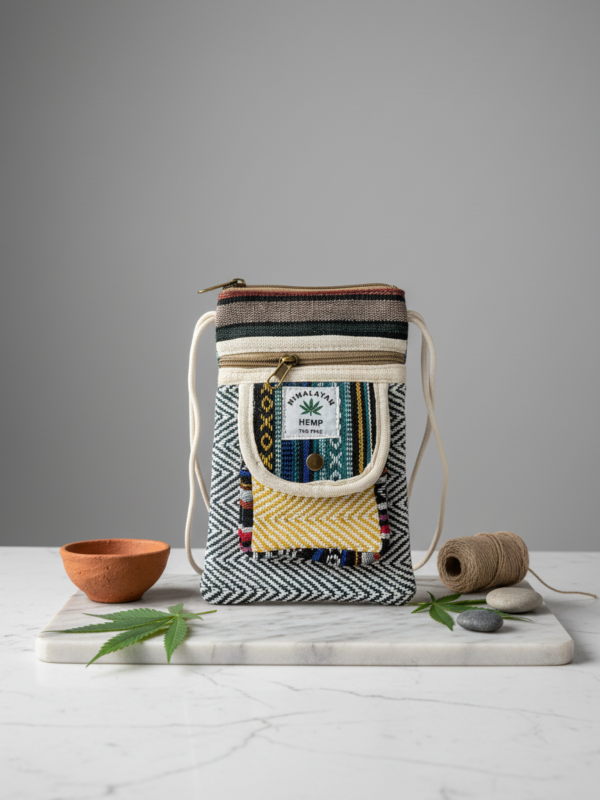 Pure Hemp Crossbody Bag, Mobile Pouch, Small Sling Bag with Zipper Pockets and Rope Strap